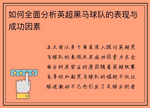 如何全面分析英超黑马球队的表现与成功因素
